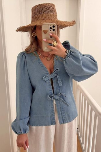 Women Dusk Blue Bow Tie Front Puff Sleeve Denim Top | Blouses