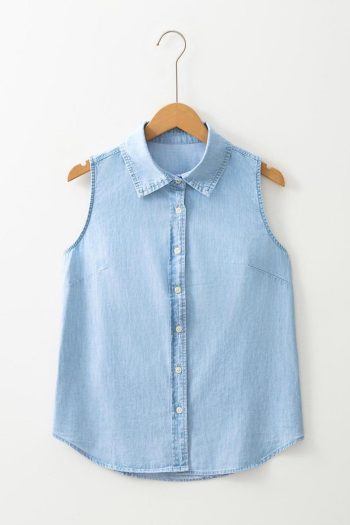 Women Light Blue Denim Collared Sleeveless Shirt | Sleeveless Tops
